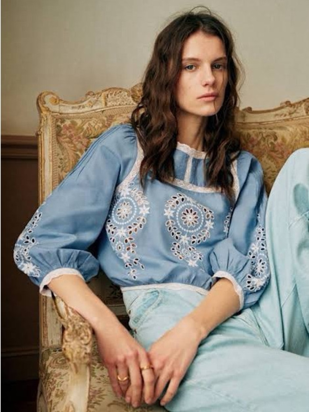 Sezane Enea Blouse Light Blue & White Embroidered Eyelet Lace Peasant Blouse XL
